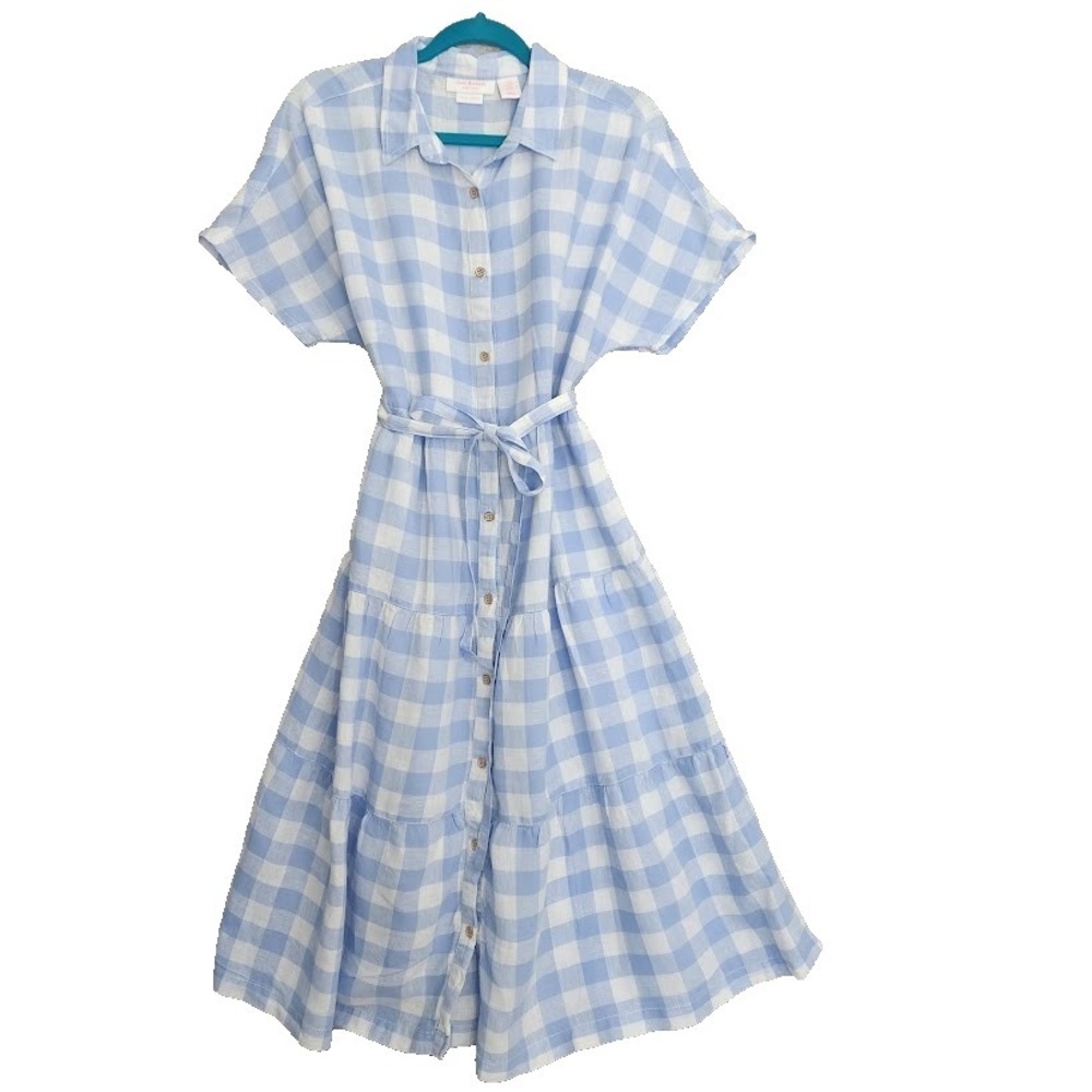 Isaac Mizrahi Light Blue and White Gingham Midi Shirt Dress, Medium